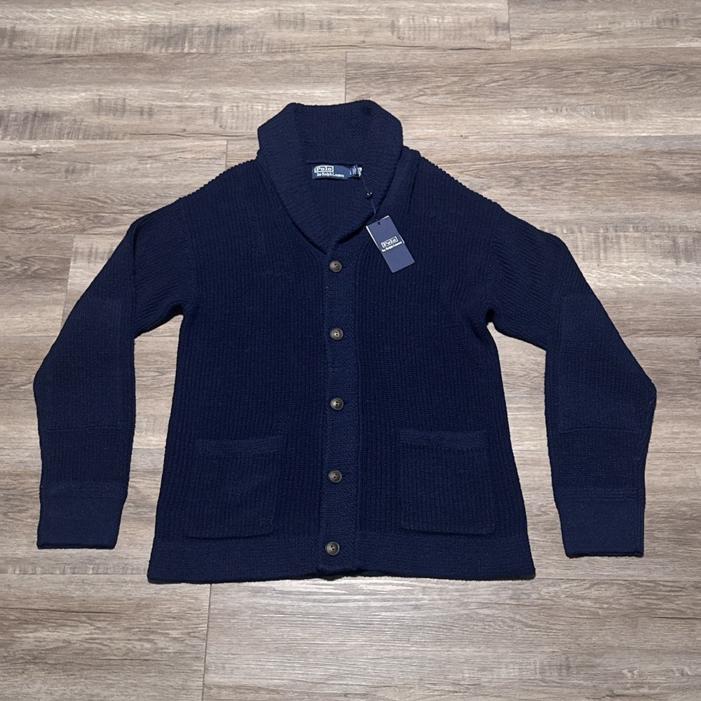 NEW Polo Ralph Lauren Men's Large Navy Distressed Linen Cotton Shawl Cardigan L